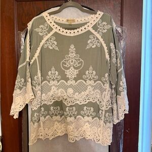 Democracy Olive and Cream Lace Blouse